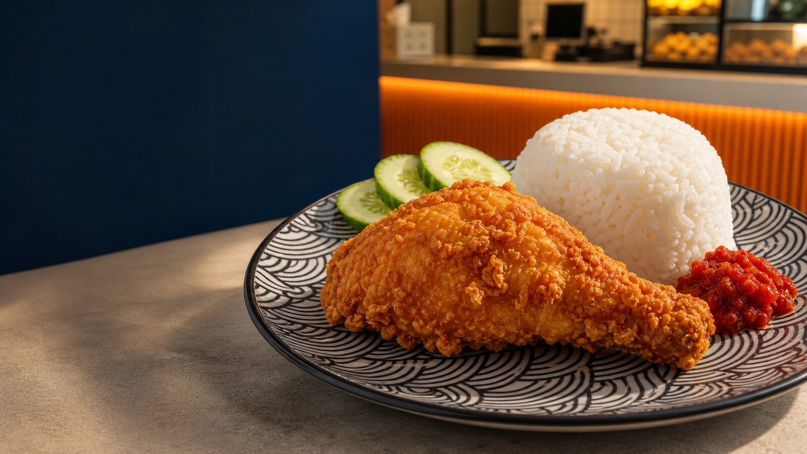 Crispy Coco Chicken dengan nasi putih, sambal, dan mentimun